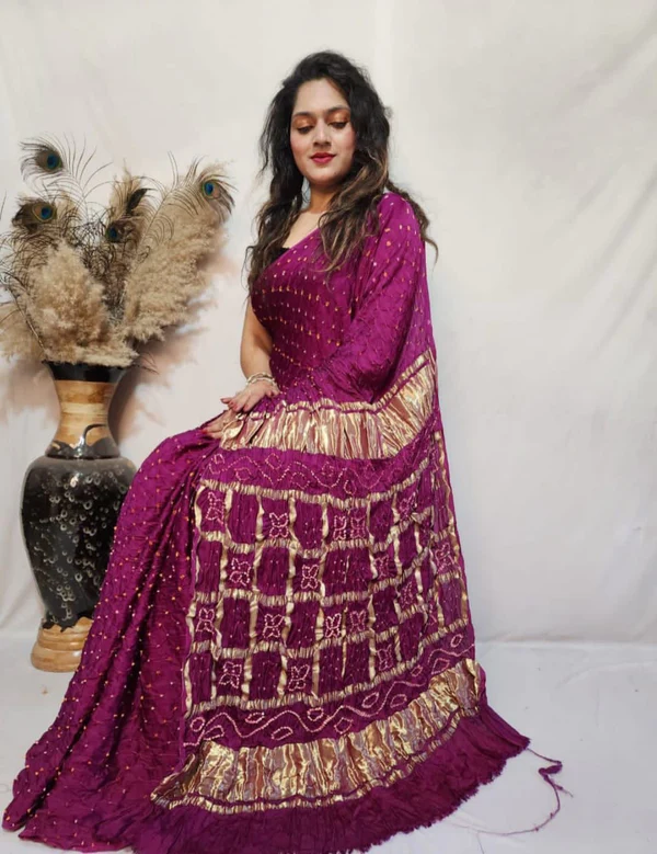 Modal Silk Barik Bandhej work Lagdi Patta Border Chex Bandhani Saree - purple